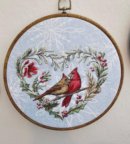 Cardinal Winter Heart Embroidery Wreath Wall Hanging