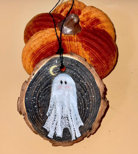 Wooden Hand Painted Halloween Decor - Handpainted Ghost on Wooden Circle Spooky Ornaments Decoration
