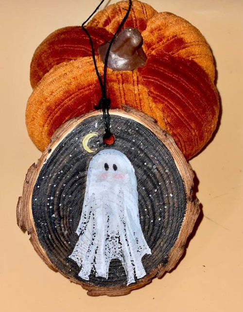 Load image into Gallery viewer, Wooden Hand Painted Halloween Decor - Handpainted Ghost on Wooden Circle Spooky Ornaments Decoration
