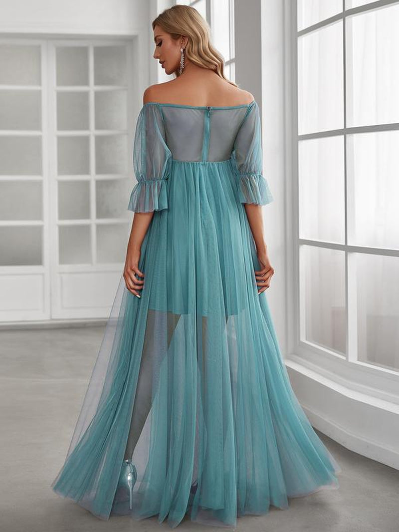 EVER PRETTY Sheer Off-Shoulder Double Skirt Maxi Maternity Dress below the Ankle Square Neckline Long Sleeves Concealed Zipper Back 20862