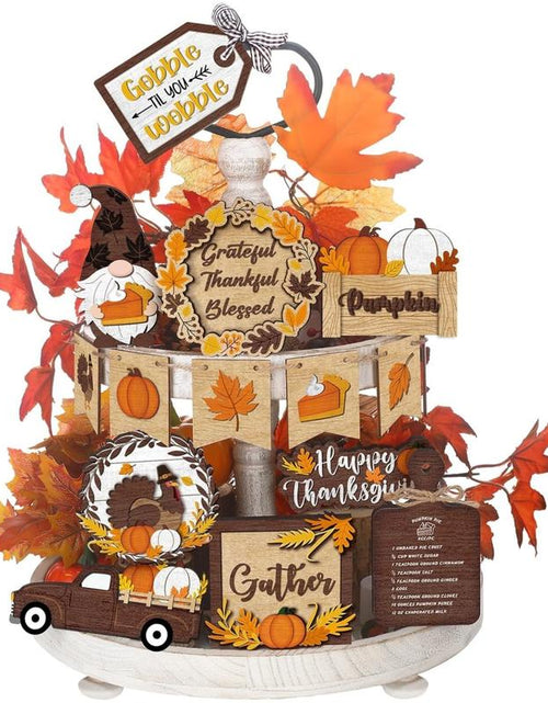 Load image into Gallery viewer, 15 Pcs Fall Tiered Tray Decor Set Hello Fall Decor Autumn Wood Signs Thanksgiving Orange Brown Table Signs Farmhouse Wooden Maple Pumpkin Gnomes Tabletop for Festival Home Decor(Autumn)
