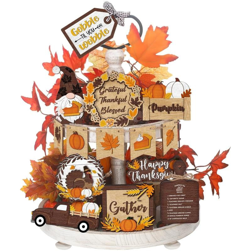 15 Pcs Fall Tiered Tray Decor Set Hello Fall Decor Autumn Wood Signs Thanksgiving Orange Brown Table Signs Farmhouse Wooden Maple Pumpkin Gnomes Tabletop for Festival Home Decor(Autumn)
