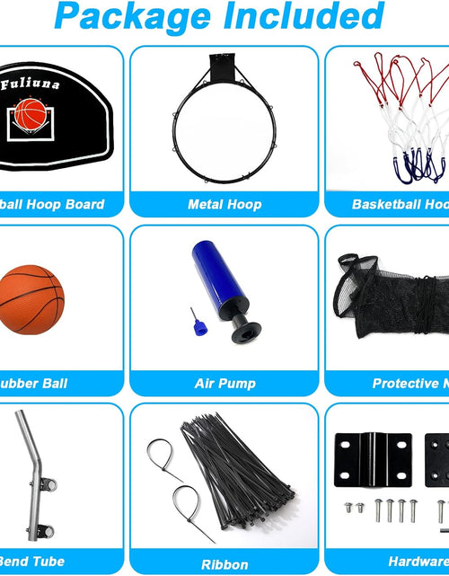 Load image into Gallery viewer, Trampoline Basketball Hoop, Basketball Hoop for Trampoline Fits for 25Mm Straight Pole &amp; Curved Pole, Trampoline Basketball Hoop Attachment with Protective Net,Mini Ball,Pump, Easy to Install
