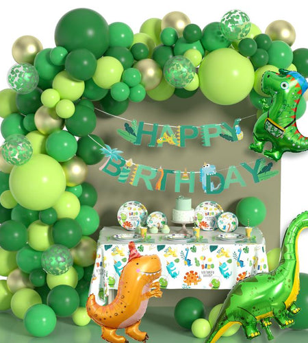 Dinosaur Birthday Party Supplies Set - 242 PCS Green Balloon Garland Arch Kit with Dino Balloons, Tableware, and Decorations