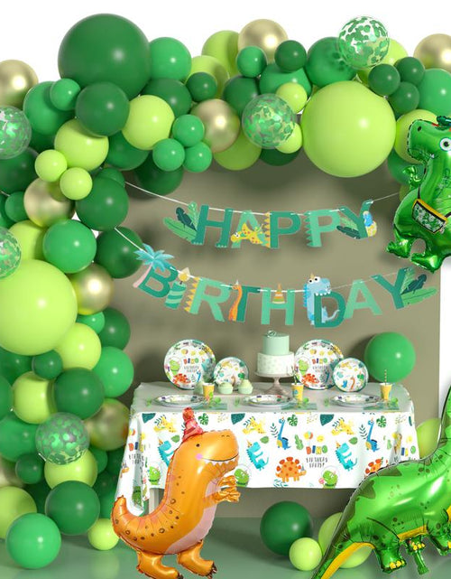 Load image into Gallery viewer, Dinosaur Birthday Party Supplies Set - 242 PCS Green Balloon Garland Arch Kit with Dino Balloons, Tableware, and Decorations
