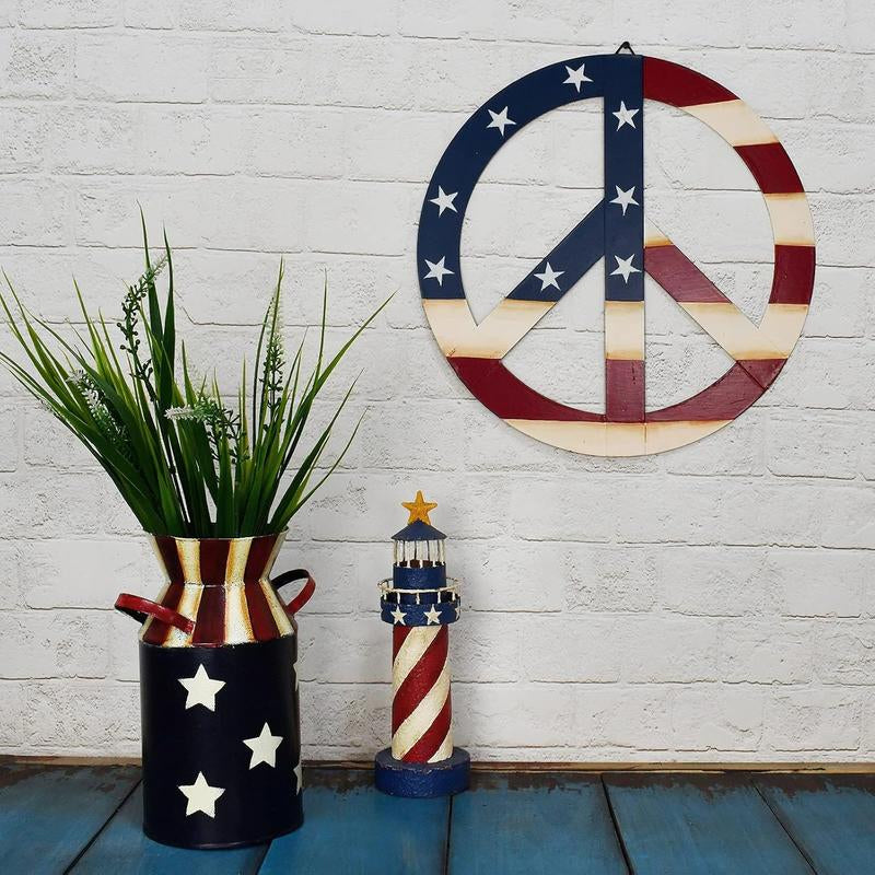 Patriotic American Flag Metal Peace Sign, Decorative Metal Hanging Peace Sign Wall Decor Star and Stripes Peace Sign Wall Art for Home Door Wall