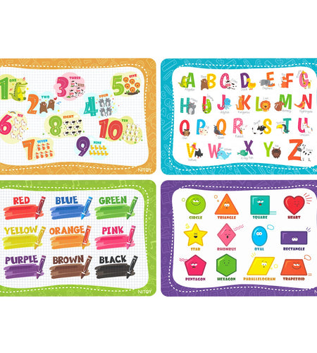NiBaby Educational Placemats for Kids Reusable Wipeable - Toddler Placemats for Learning Alphabet ABC Color Number Shape - Kids Placemats for Dining Table Kindergarten - Set of 4