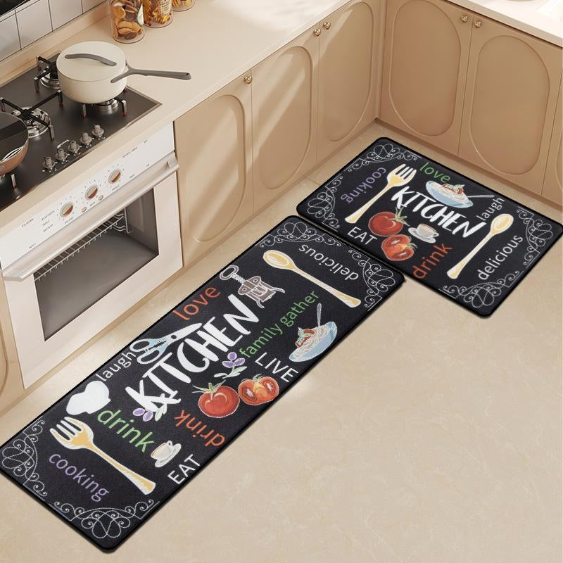 Cutlery Pattern Kitchen Mat, 2 Counts/Set Non-Slip Kitchen Rug, Room Decor Waterproof Kitchen Floor Mat, Washable Kitchen Rugs, Kitchen Decoration, Home Decor