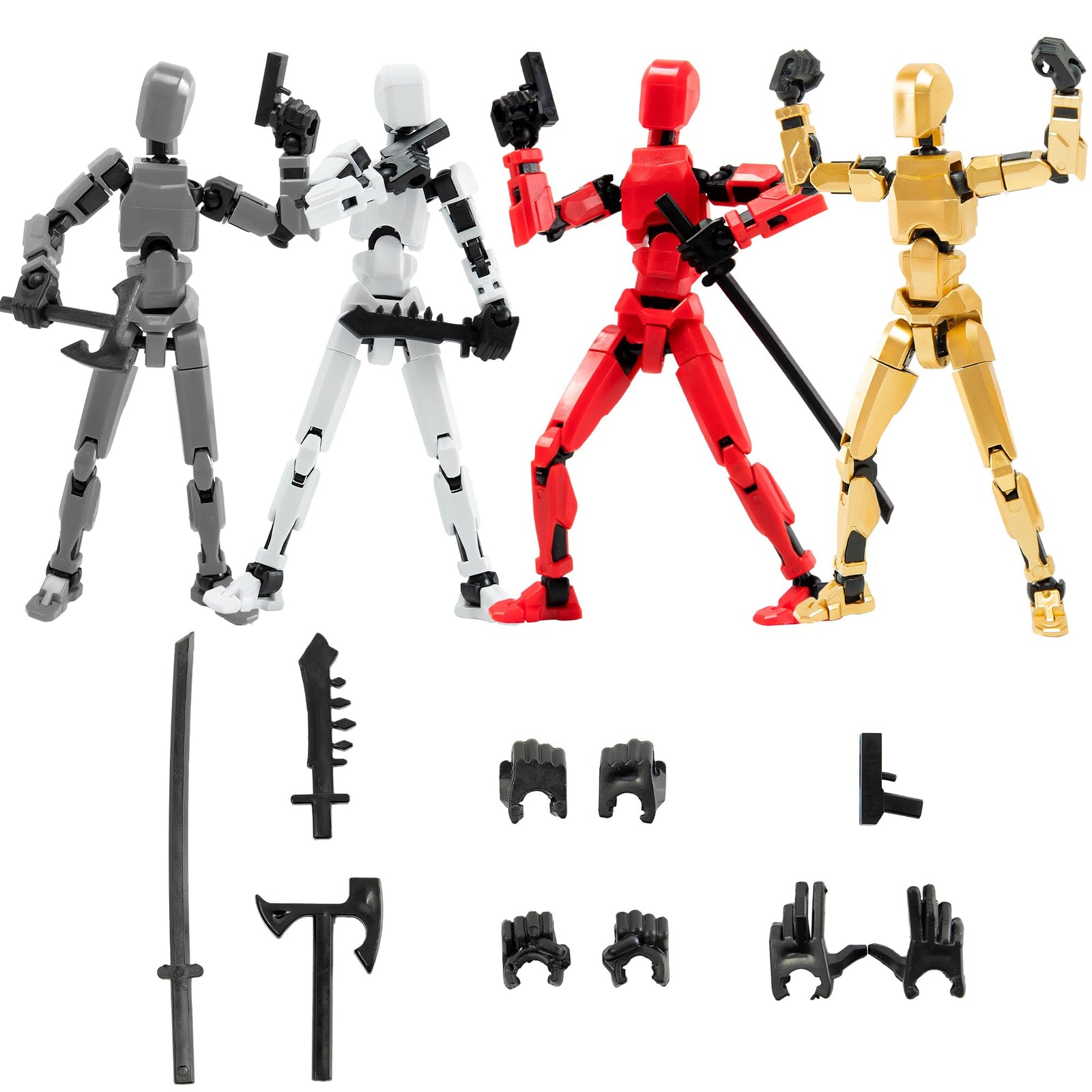 Sulliwayu 4PCS Assembled Titan T13 Action Figures Set Lucky Dummy Nova 13 Action Figure Robot Anime Stick Figures Fidget Toys for Boys Multi Movable Joints Gifts Toys for Kids (Golden+White+Grey+Red)