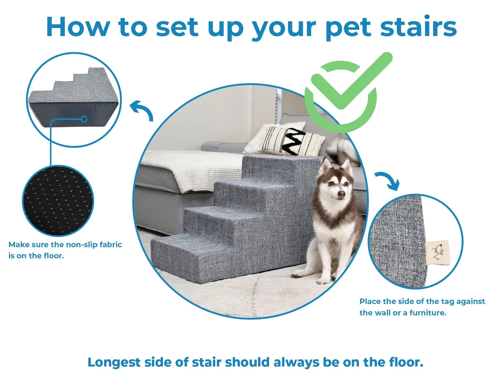 Foam Pet Steps for Small Dogs and Cats, Portable Ramp Stairs for Couch, Sofa, and High Bed Climbing, Non-Slip Balanced Indoor Step Support, Paw Safe - Ivory, 3-Step (H: 13.5")