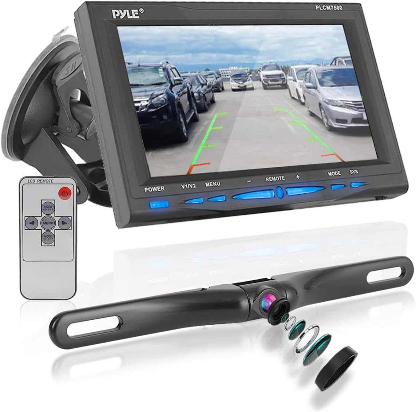Rear View Backup Car Camera - Screen Monitor System W/ Parking and Reverse Assist Safety Distance Scale Lines, Waterproof & Night Vision, 7" LCD Video Color Display for Vehicles -  PLCM7500