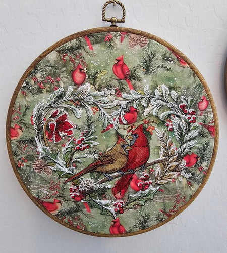 Cardinal Winter Heart Embroidery Wreath Wall Hanging