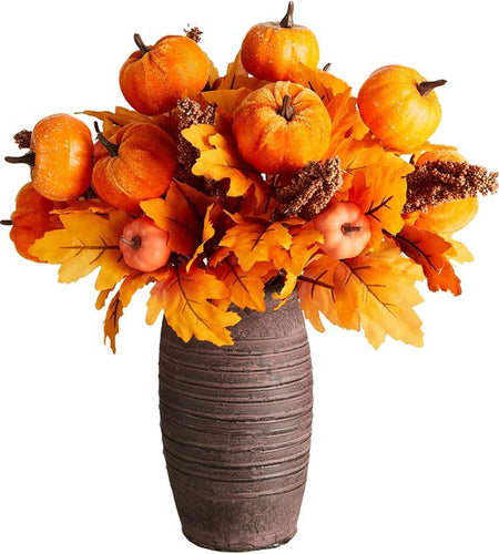 PARTY JOY 4PCS Maple Leaves Bunch with Silk Pumpkin Autumn Floral Stems for DIY Arrangment Fall Decor Fall Decorations for Home
