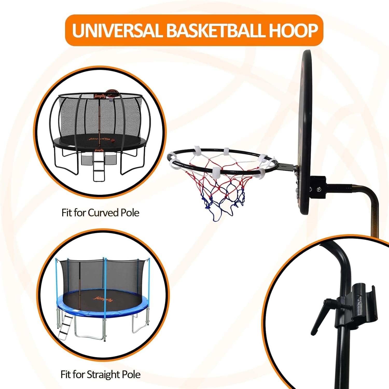 Trampoline Basketball Hoop Attachment, Basketball Hoop for Trampoline Easy to Install, Universal Trampoline Accessories Fits Straight Pole & Curved Pole with Mini Balls & Pump