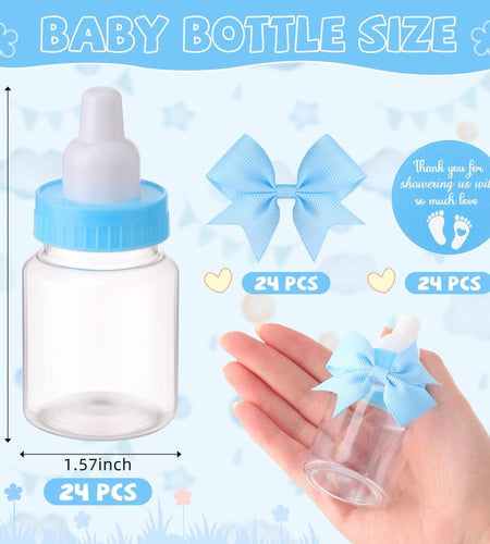 24/48 Pcs Baby Shower Prize Mini Baby Bottles Chug Plastic Milk Bottles Candy Baby Bottles with Thank You Showering Stickers and Bows Thank You Gifts for Guests,Birthday Party Baby Shower Favors Gift