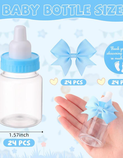 Load image into Gallery viewer, 24/48 Pcs Baby Shower Prize Mini Baby Bottles Chug Plastic Milk Bottles Candy Baby Bottles with Thank You Showering Stickers and Bows Thank You Gifts for Guests,Birthday Party Baby Shower Favors Gift
