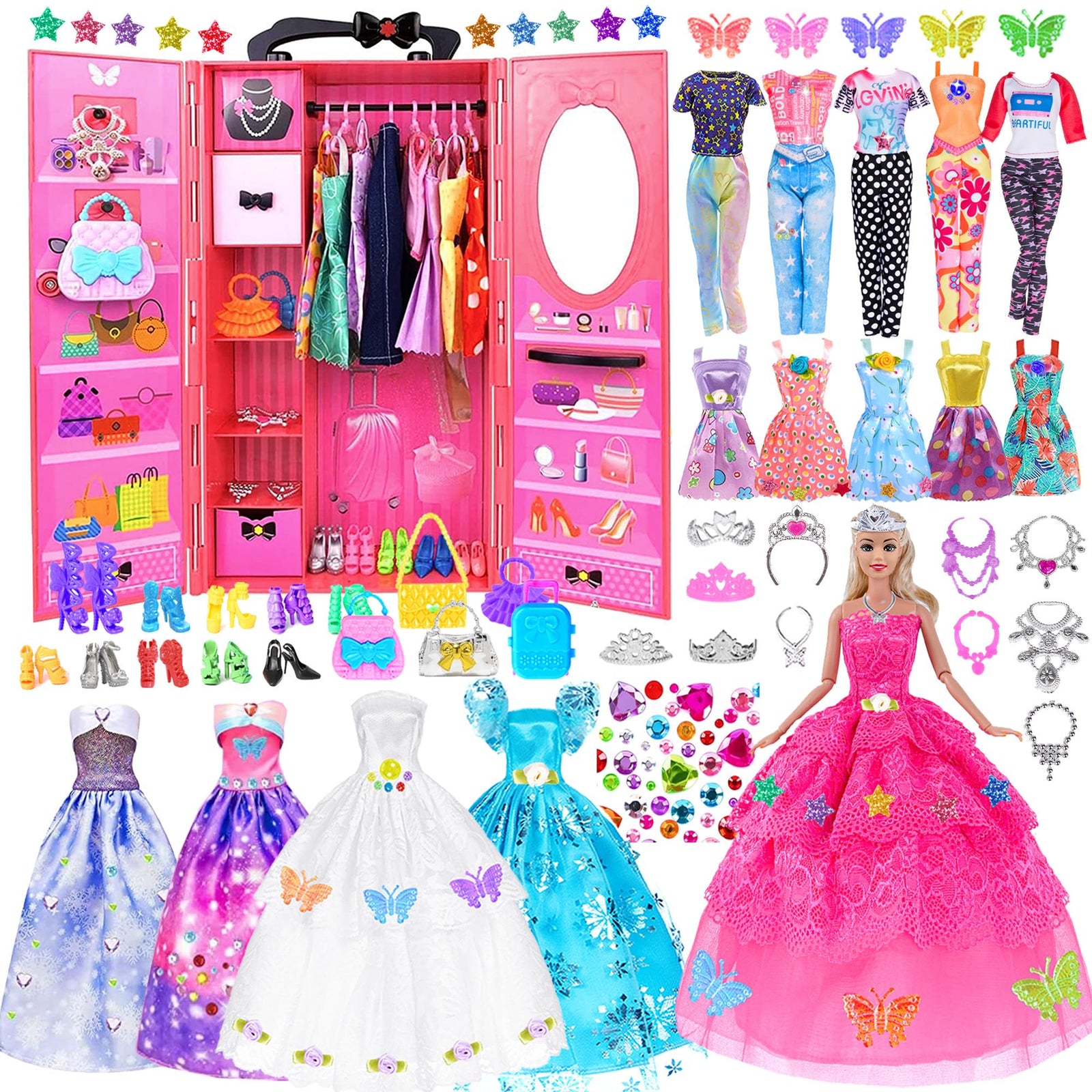 ebuddy 140 Pack Doll and Closet Set Fashion DIY Wardrobe Doll Clothes and Accessories Including Doll Wardrobe Wedding DressShoes Necklace Bags and More for 11.5 Inch Doll(One Doll)