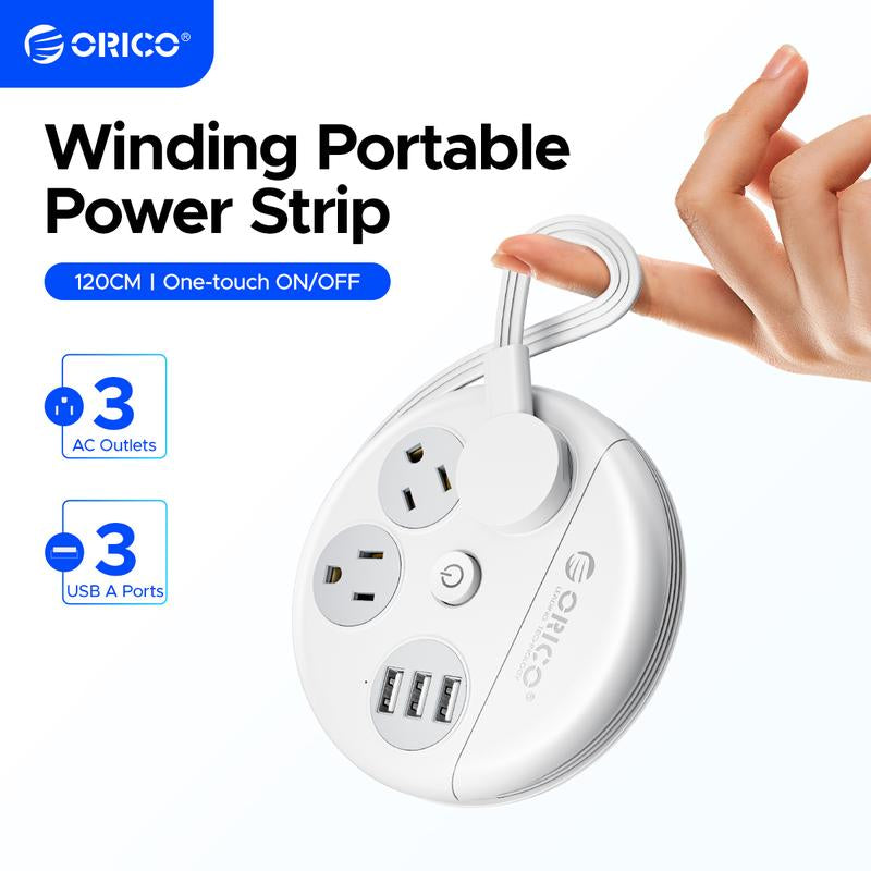 ORICO Travel Power Strip, Travel Essentials, Travel Extension Cord with 3 Outlets 3 USB Ports, 4FT Wrapped around Extension Cord for Travel Cruise Ship Beach Vacation Essentials White-Or-3A3U