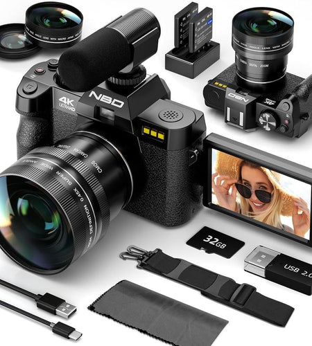 NBD 48MP Digital Cameras - 4K 16X Zoom Travel Camera with 180° Flip Screen, Auto Focus, Macro Lens, 2 Batteries & 32GB SD Card (Black) Tech Gadgets