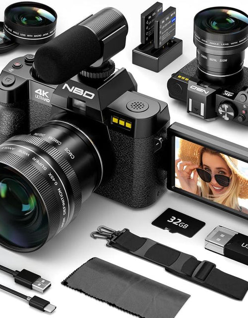 Load image into Gallery viewer, NBD 48MP Digital Cameras - 4K 16X Zoom Travel Camera with 180° Flip Screen, Auto Focus, Macro Lens, 2 Batteries &amp; 32GB SD Card (Black) Tech Gadgets
