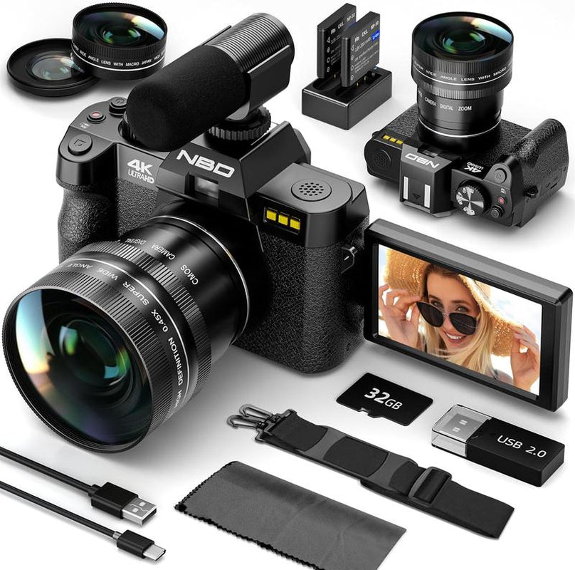 NBD 48MP Digital Cameras - 4K 16X Zoom Travel Camera with 180° Flip Screen, Auto Focus, Macro Lens, 2 Batteries & 32GB SD Card (Black) Tech Gadgets