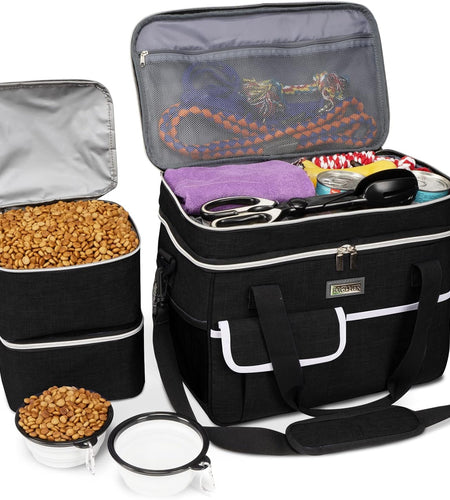 Dog Travel Bag for Supplies - Double-Layer Airline Approved Weekend Pet Travel Organizer Set for Dog and Cat Tote with 2 Pet Food Containers and 2 Collapsible Silicone Bowls Black