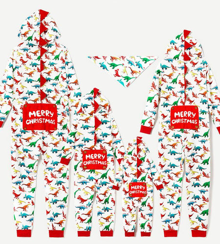 Patpat Christmas Pjs Dinosaur Print Family Matching Long-Sleeve Pajama Set Hooded Onesies Family Clothing Pajamas Sets (Flame Resistant) Spingtok