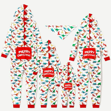 Patpat Christmas Pjs Dinosaur Print Family Matching Long-Sleeve Pajama Set Hooded Onesies Family Clothing Pajamas Sets (Flame Resistant) Spingtok