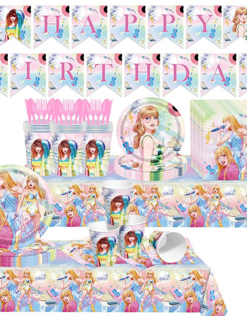 Load image into Gallery viewer, 171 Count Disposable Tableware Birthday Party Supplies Singer Paper Plates Napkins Cups Plastic Tablecloths Music Singer Tableware Set Birthday Party Decorations Serves 24 Guests
