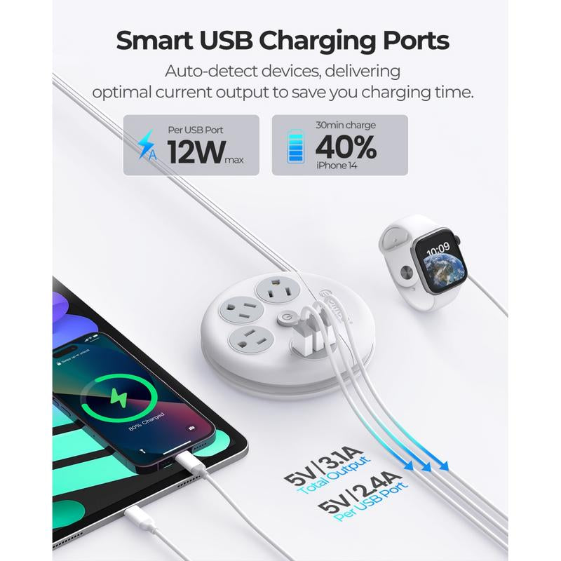 ORICO Travel Power Strip, Travel Essentials, Travel Extension Cord with 3 Outlets 3 USB Ports, 4FT Wrapped around Extension Cord for Travel Cruise Ship Beach Vacation Essentials White-Or-3A3U
