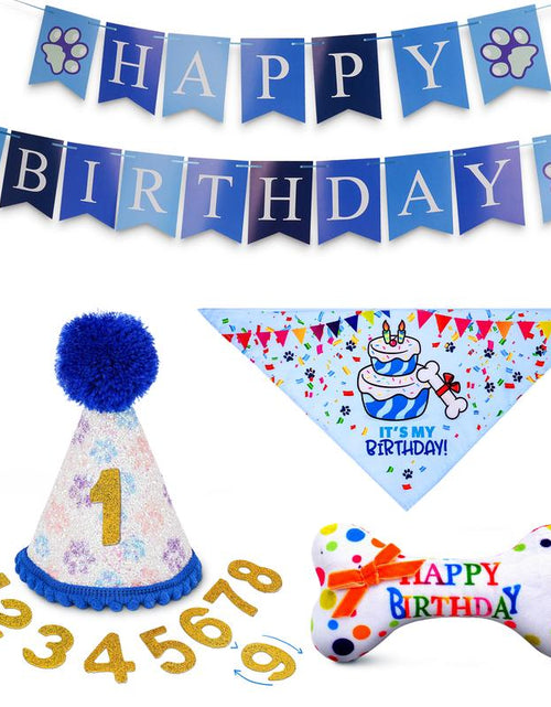 Load image into Gallery viewer, Pacific Pups - Dog Birthday Party Set - Dog Birthday Hat, Birthday Dog Bandanna, Squeaky Dog Toy, Birthday Banner for Pet Birthday Party
