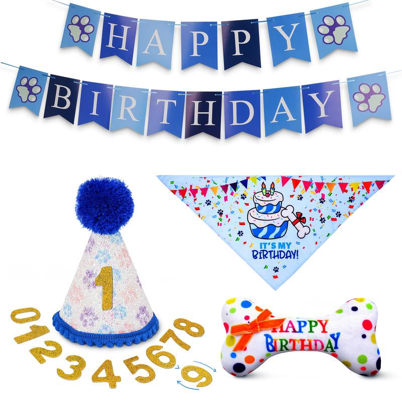 Pacific Pups - Dog Birthday Party Set - Dog Birthday Hat, Birthday Dog Bandanna, Squeaky Dog Toy, Birthday Banner for Pet Birthday Party