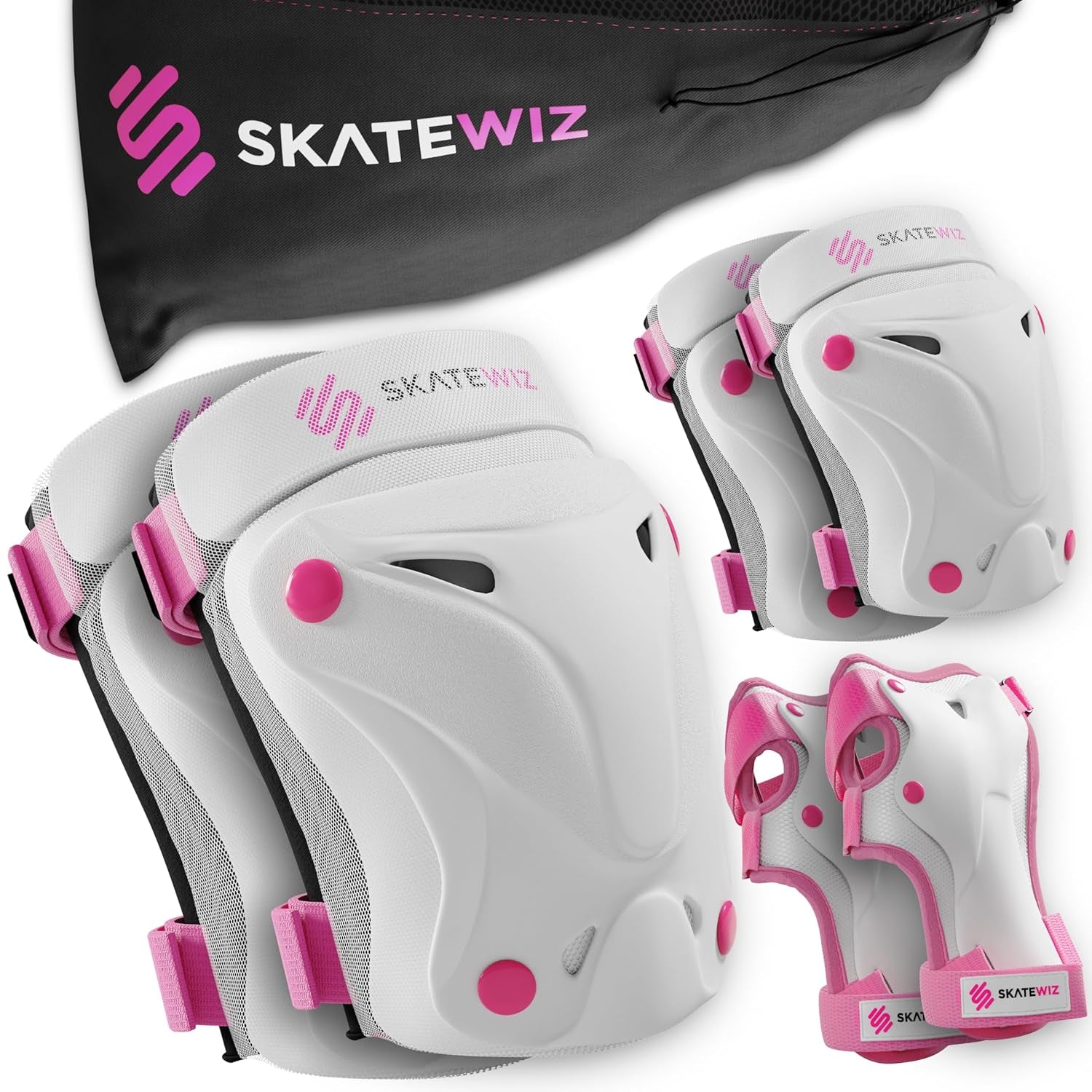 Knee Pads for Kids - Knee and Elbow Pads Set - PROTECT-1 - Size S Pink White - Wrist Guards Skating Protective Gear, Skateboard, Roller Skate, Ice Skates for Kids