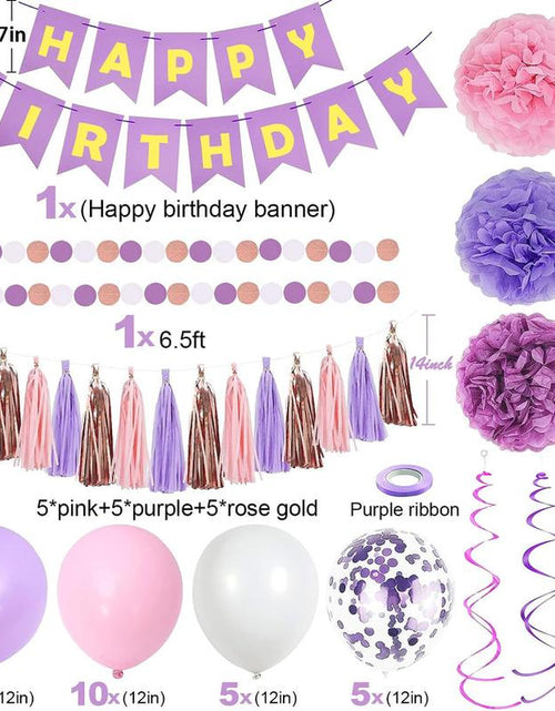 Load image into Gallery viewer, Purple Pink Birthday Party Decorations Set with Happy Birthday Banner, Hanging Swirls, Tissue Paper Pompoms, Circle Dots Garland &amp; More Balloons
