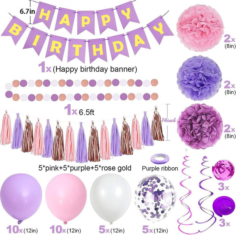 Purple Pink Birthday Party Decorations Set with Happy Birthday Banner, Hanging Swirls, Tissue Paper Pompoms, Circle Dots Garland & More Balloons