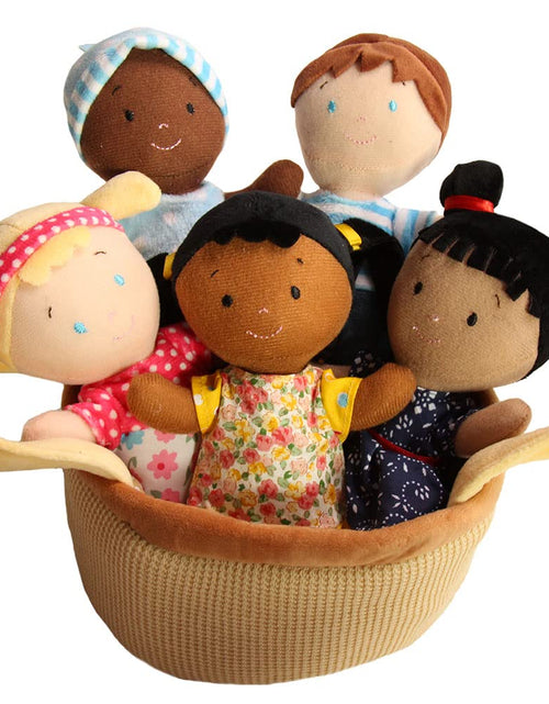 Load image into Gallery viewer, Snuggle Stuffs Basket of Buddies 8" Plush Diversity Dolls | Toddler Dolls | Preschool Dolls | Multicultural Dolls | Set of 5
