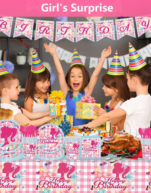 Load image into Gallery viewer, 171 Count Disposable Tableware Birthday Party Supplies Pink Girls Paper Plates Napkins Cups Plastic Tablecloths Pink Girls Tableware Set Birthday Party Decorations Serves 24 Guests
