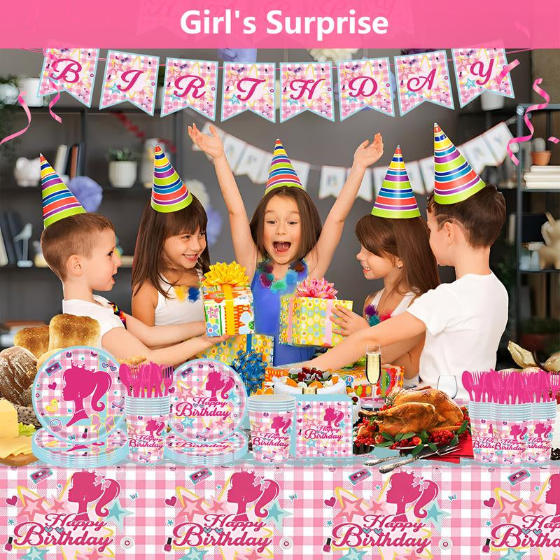 171 Count Disposable Tableware Birthday Party Supplies Pink Girls Paper Plates Napkins Cups Plastic Tablecloths Pink Girls Tableware Set Birthday Party Decorations Serves 24 Guests