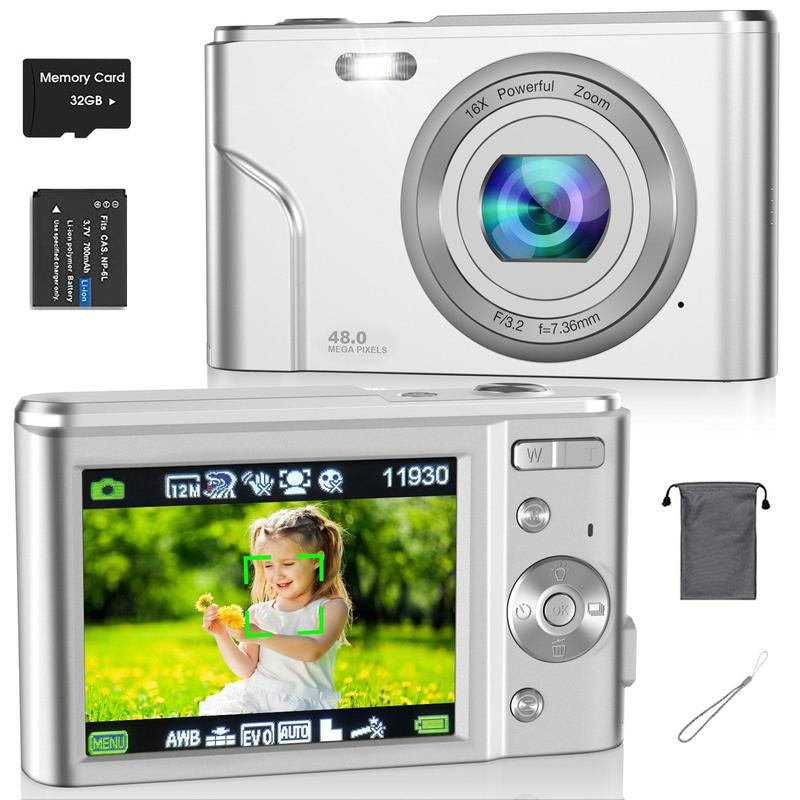 Auto Focus Digital Camera, 1 Count Full HD 1080P/48MP Mini Digital Cameras with 32G Memory Card, Compact Portable Camera, 16X Zoom Digital Camera Pictures For, Photo Camera, Shoot Cameras, Pocket Camera