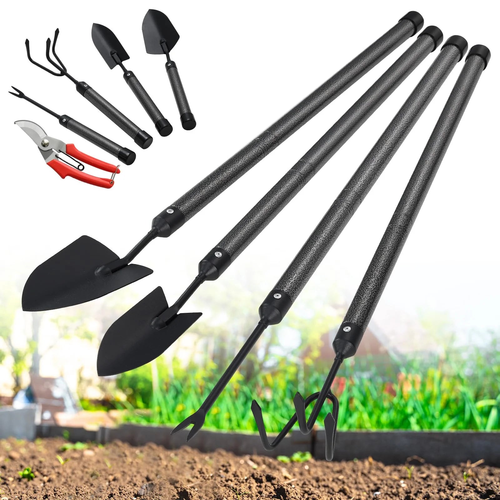 Garden Tools Set with Extension Handles, Heavy-Duty Steel Thick Gardening Hand Tools,5 Pieces