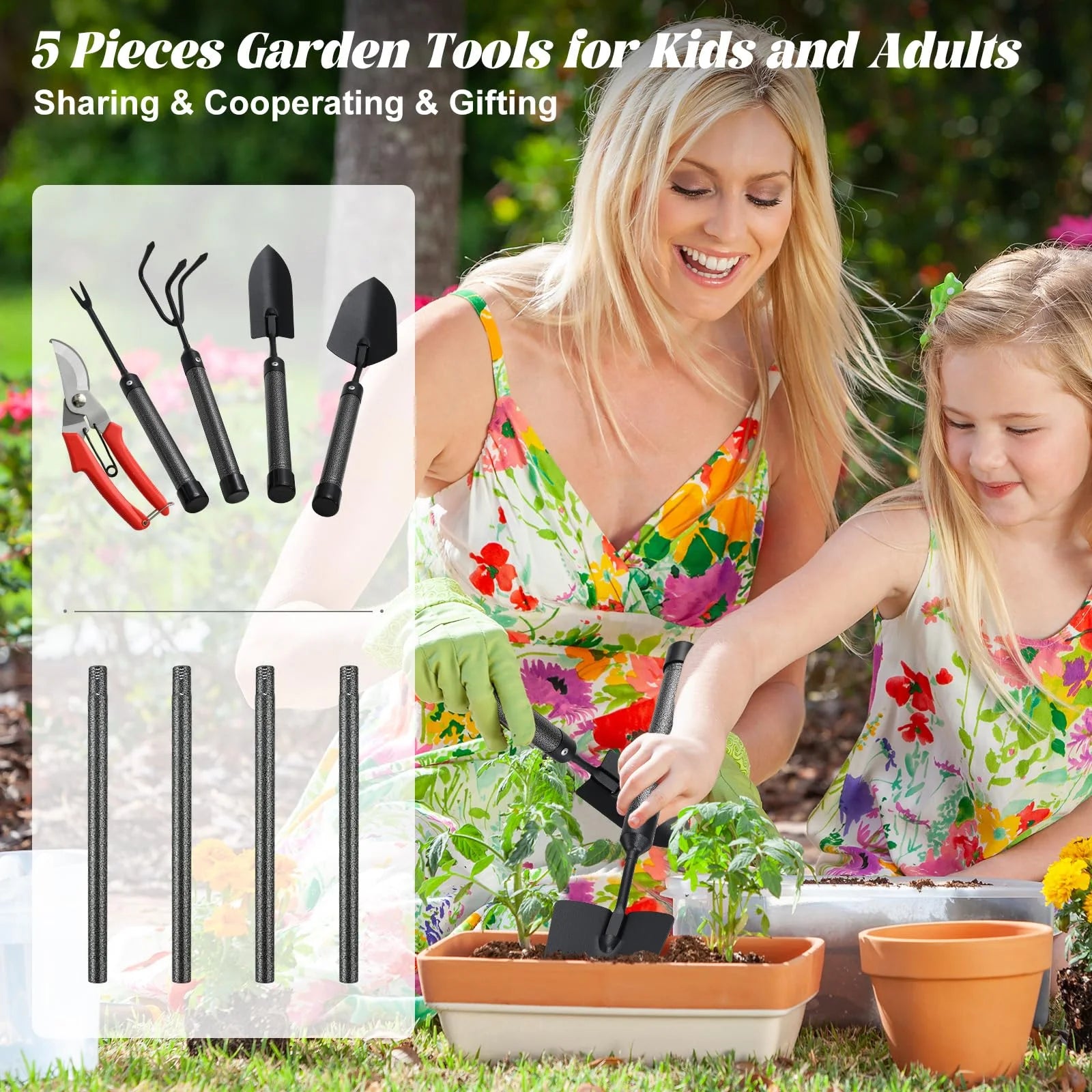 Garden Tools Set with Extension Handles, Heavy-Duty Steel Thick Gardening Hand Tools,5 Pieces