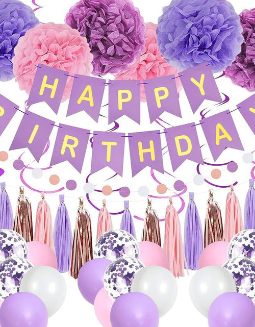 Load image into Gallery viewer, Purple Pink Birthday Party Decorations Set with Happy Birthday Banner, Hanging Swirls, Tissue Paper Pompoms, Circle Dots Garland &amp; More Balloons
