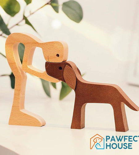 Pawfect House Man with Dog Wooden Pet Carvings, Handcrafted Wood Sculpture, Thoughtful Gift for Pet Owners, Memorial Dog Lover Decor