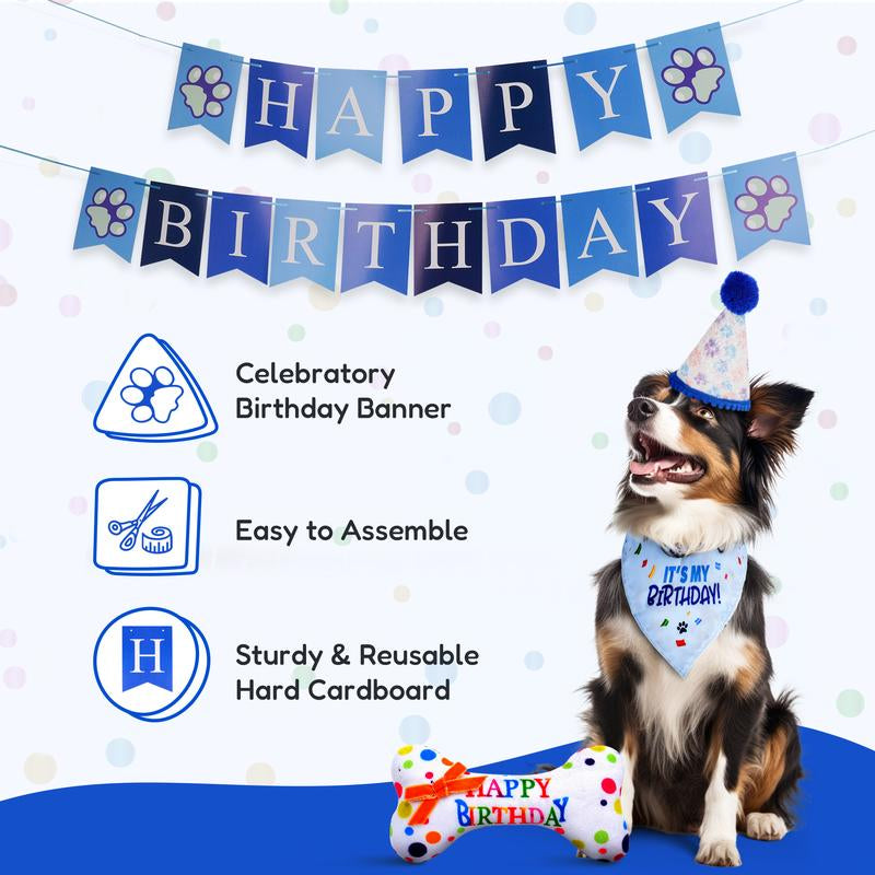 Pacific Pups - Dog Birthday Party Set - Dog Birthday Hat, Birthday Dog Bandanna, Squeaky Dog Toy, Birthday Banner for Pet Birthday Party