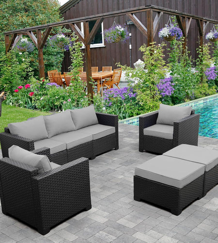 Outdoor Wicker Furniture Couch Set 5 Pieces Patio Furniture Sectional Sofa with Grey No-Slip Cushions and Waterproof Covers