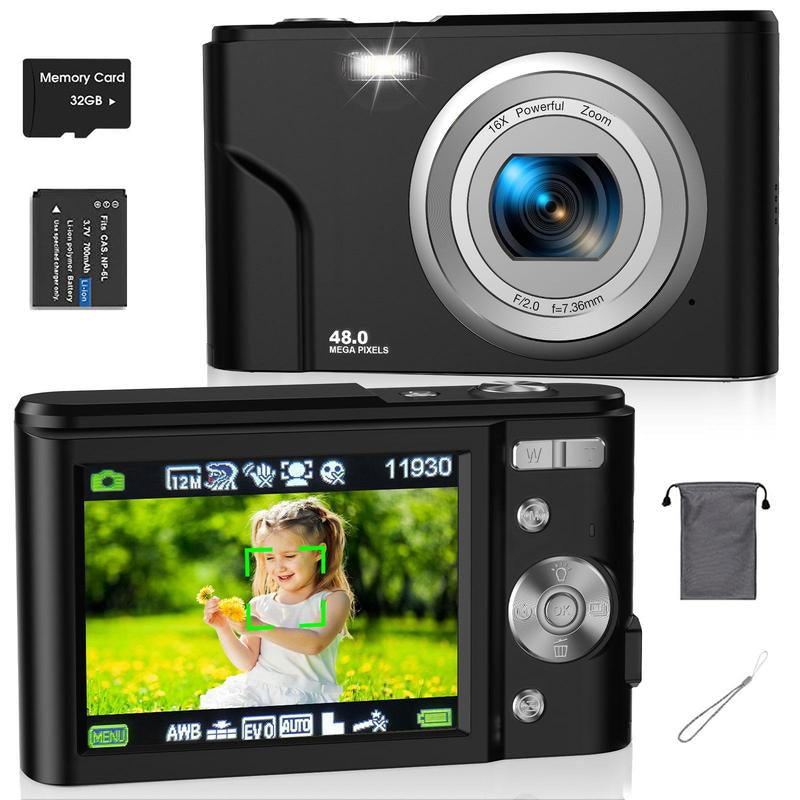 Auto Focus Digital Camera, 1 Count Full HD 1080P/48MP Mini Digital Cameras with 32G Memory Card, Compact Portable Camera, 16X Zoom Digital Camera Pictures For, Photo Camera, Shoot Cameras, Pocket Camera