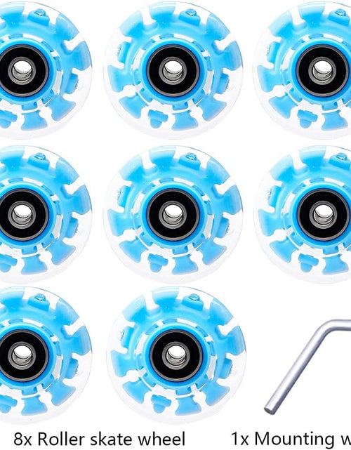 Load image into Gallery viewer, Light up Roller Skate Wheels 8 Pack, 78A Hardness LED Skateboard Wheels with Premium ABEC-9 Bearings, Illuminating Roller Skate Accessories for Outdoor Indoor Quad Skates
