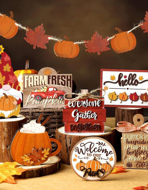 Load image into Gallery viewer, 15 Pcs Fall Tiered Tray Decor Set Hello Fall Decor Autumn Wood Signs Thanksgiving Orange Brown Table Signs Farmhouse Wooden Maple Pumpkin Gnomes Tabletop for Festival Home Decor(Autumn)
