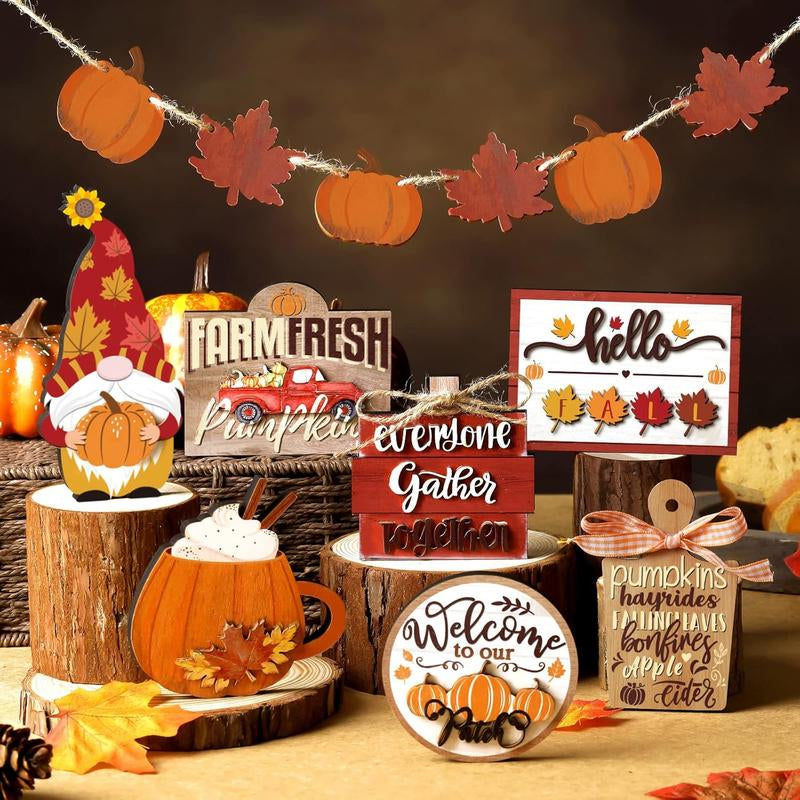15 Pcs Fall Tiered Tray Decor Set Hello Fall Decor Autumn Wood Signs Thanksgiving Orange Brown Table Signs Farmhouse Wooden Maple Pumpkin Gnomes Tabletop for Festival Home Decor(Autumn)
