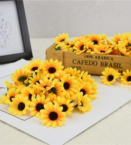 Fall Halloween Gift 100Pcs Yellow Artificial Flower Heads Mini Fake Sunflower Decorative Fabric Flowers Craft Floral Embellishments